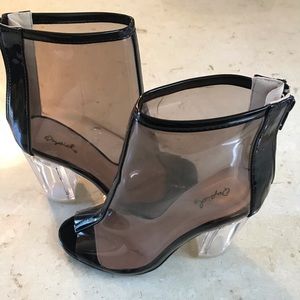 Black patent and clear booties